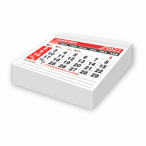 100 UNI. CALENDARIOS /BLOCOS DE CALENDARIO /COMERCIAL 210X210MM Apergaminhado 56g Tam. da arte: 210x210 - Tam. final: 210x210 2x0 Sem verniz Corte Reto Qtde: 100Unid.